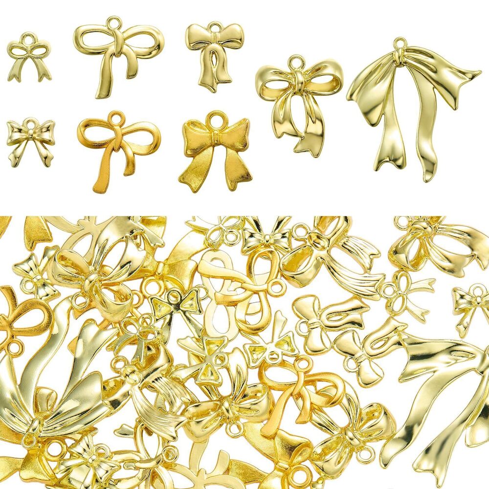 9084 60 Pcs 10 Styles Gold Bow Charms for Jewelry Making Cute Alloy Bowknot